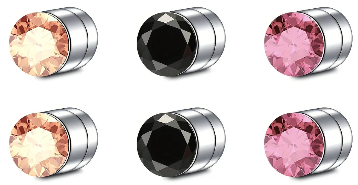 A set of magnetic nose stud earrings in stainless steel with cubic zirconia stones, shown in rose gold and pink colors.