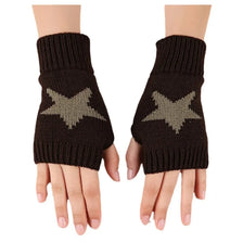 Pair of dark brown knitted half finger gloves featuring a light beige star pattern
