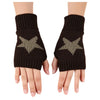 A pair of dark brown knitted half finger gloves featuring a light beige star pattern.