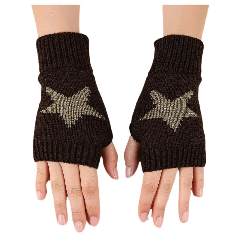 A pair of dark brown knitted half finger gloves featuring a light beige star pattern.