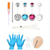 A set of 14G stainless steel belly button piercing jewelry and tools including various colored stones and piercing needles.