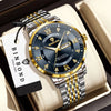 A silver and gold watch with a black dial and gold accents is displayed in a light-colored box.