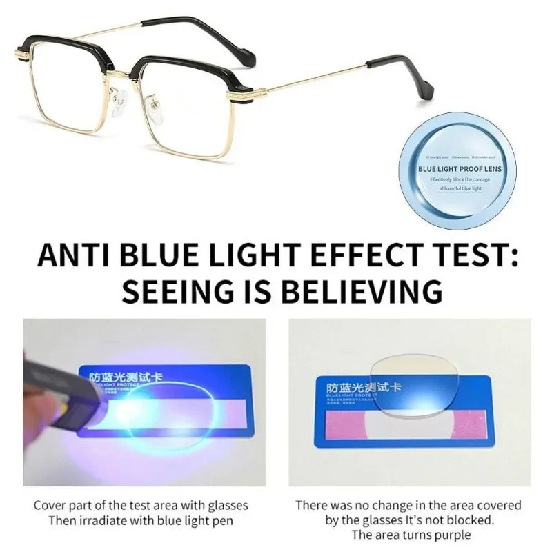 Anti-Blaulicht-Effekt-Test zeigt, wie die Brille blaues Licht blockiert und den Bereich lila färbt