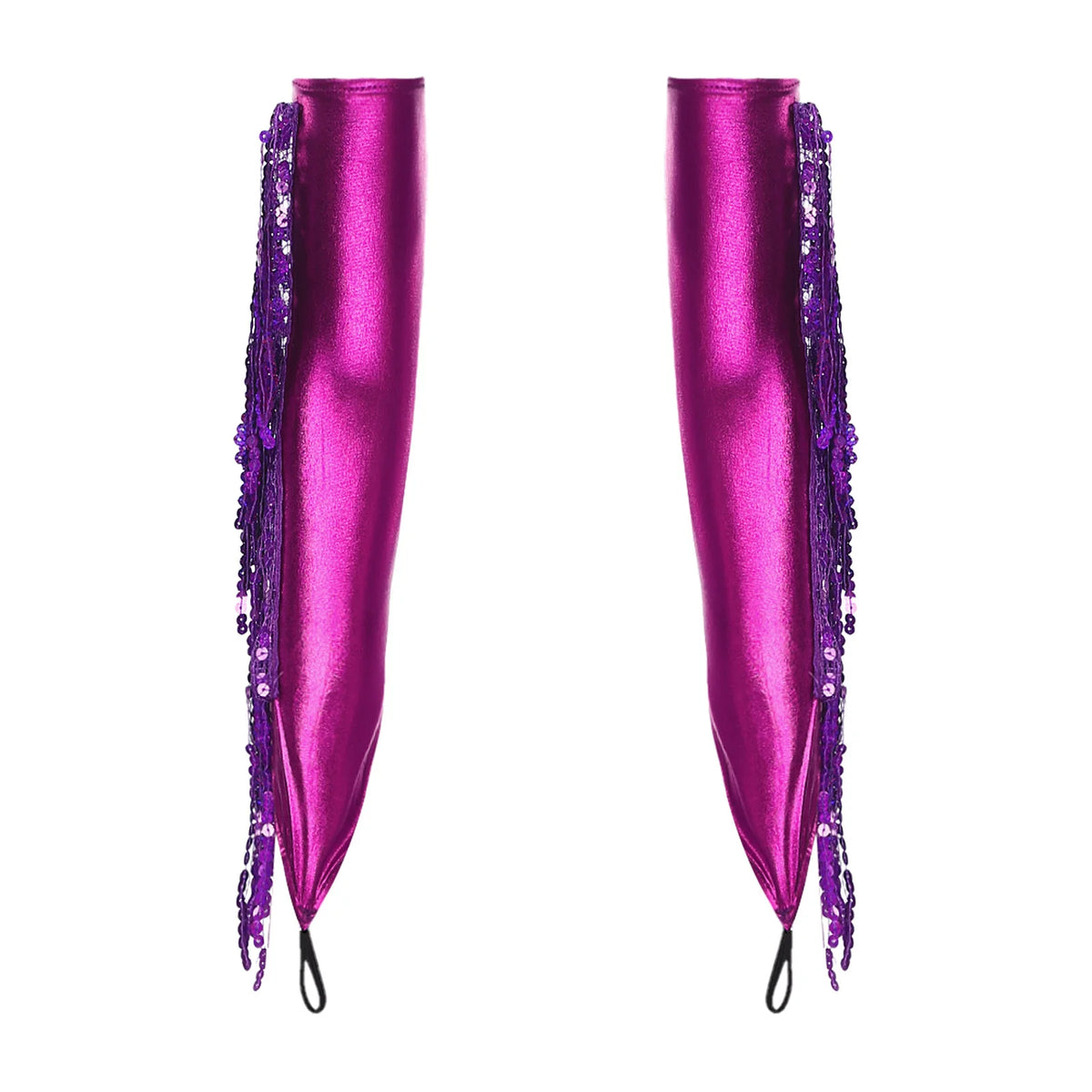 Paar metallischer rosa Partyhandschuhe mit lila Pailletten und Fransen