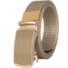 A close-up of a tan tactical canvas utility belt with a brass buckle and woven strap.