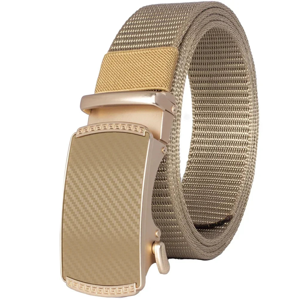 A close-up of a tan tactical canvas utility belt with a brass buckle and woven strap.