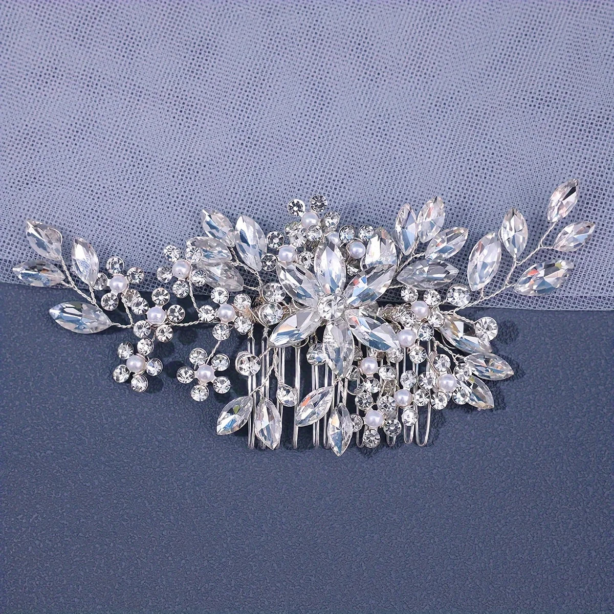 Silver crystal and pearl floral hair comb and headband accessory