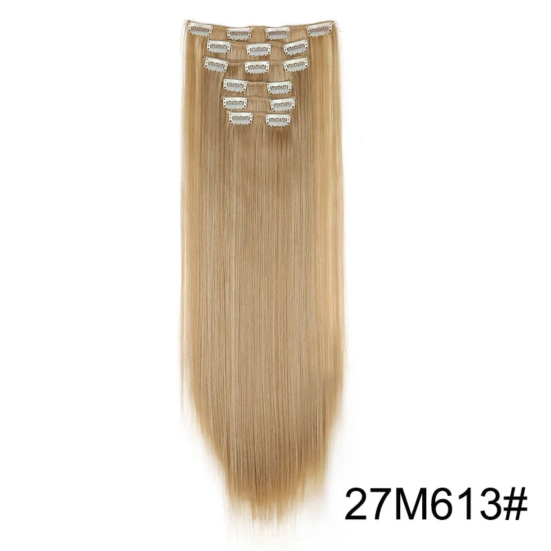 Long straight blonde hair extensions with diamond-shaped clip detailing