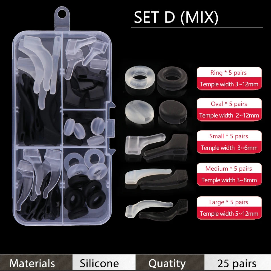 Set D (MIX) of silicone ear grip hooks for glasses and sunglasses, categorized by size.