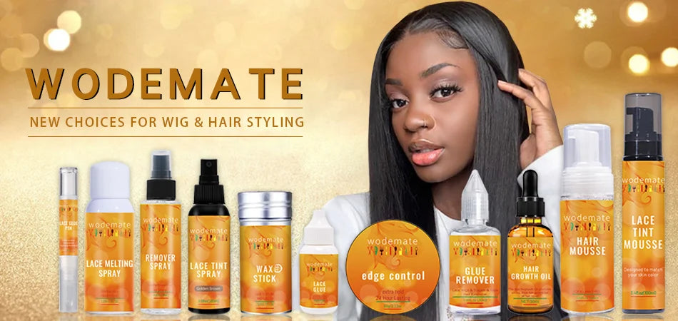 A variety of Wodemate hair products including lace melting spray, hair mousse, and glue remover are displayed next to a woman