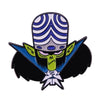 A lapel pin featuring a stylized character design with striped hair and glowing eyes.