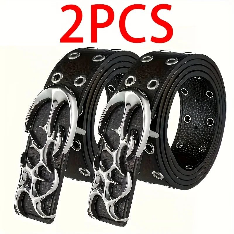 Two black leather fashion belts with silver buckles and textured patterns.