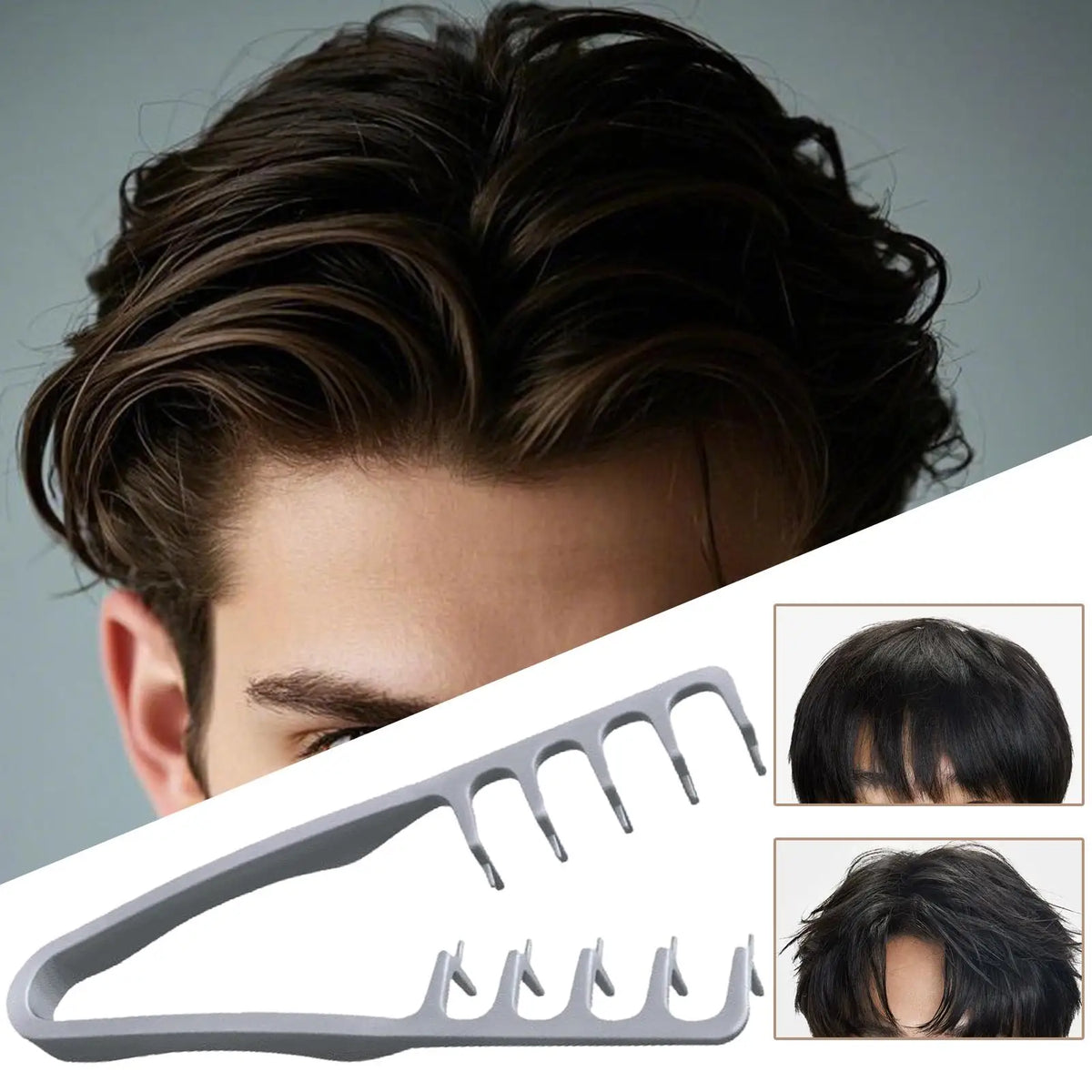 A gray volume boosting detangling hair comb shown next to a styled dark hairstyle.