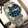 Reloj de lujo de cuarzo para hombre plateado y dorado con esfera azul, mostrado en una caja blanca.