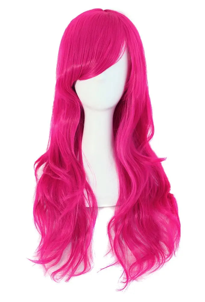 A vibrant magenta long curly hair extension wig displayed on a mannequin head.