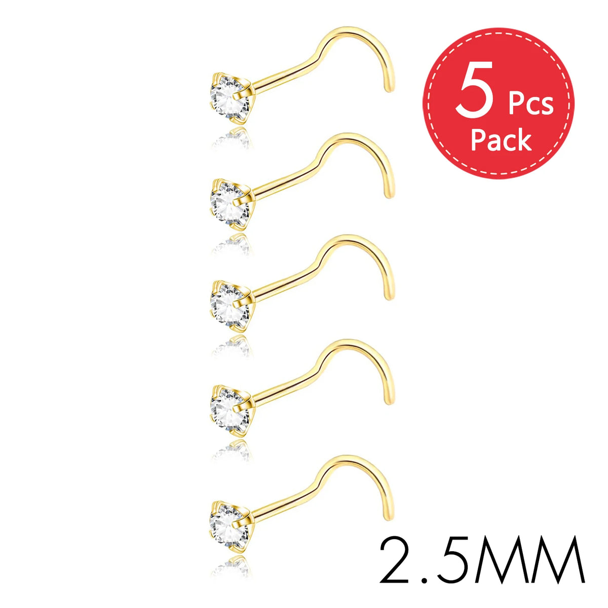 Five pairs of gold-finish crystal nostril studs in a 2.5mm size packaged as a five piece pack
