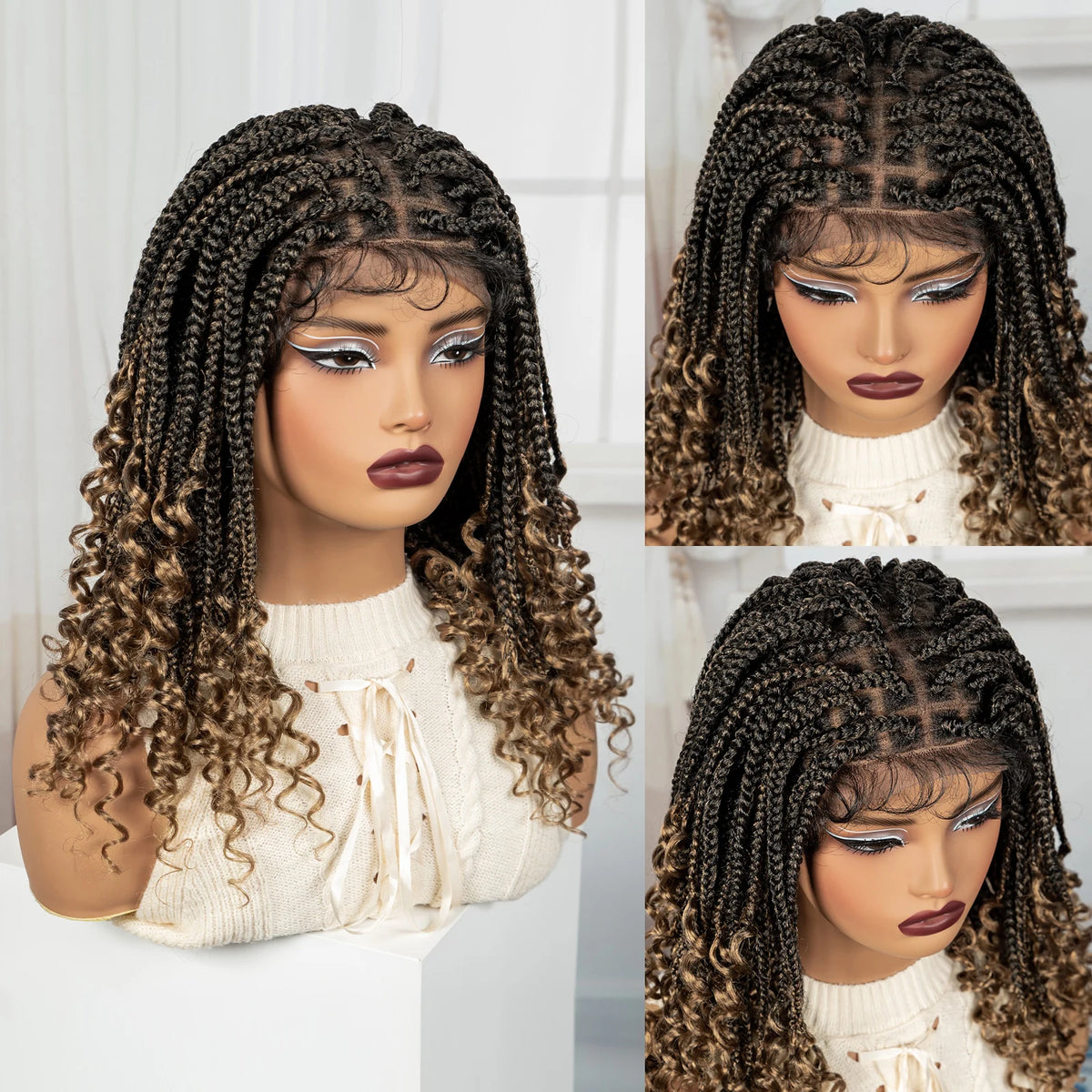 A woman modeling a long, dark brown boho box braid wig with curly texture and a white turtleneck top.