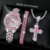 A set of three pink and silver diamond rhinestone jewelry pieces including a watch, bracelet, and cross pendant.