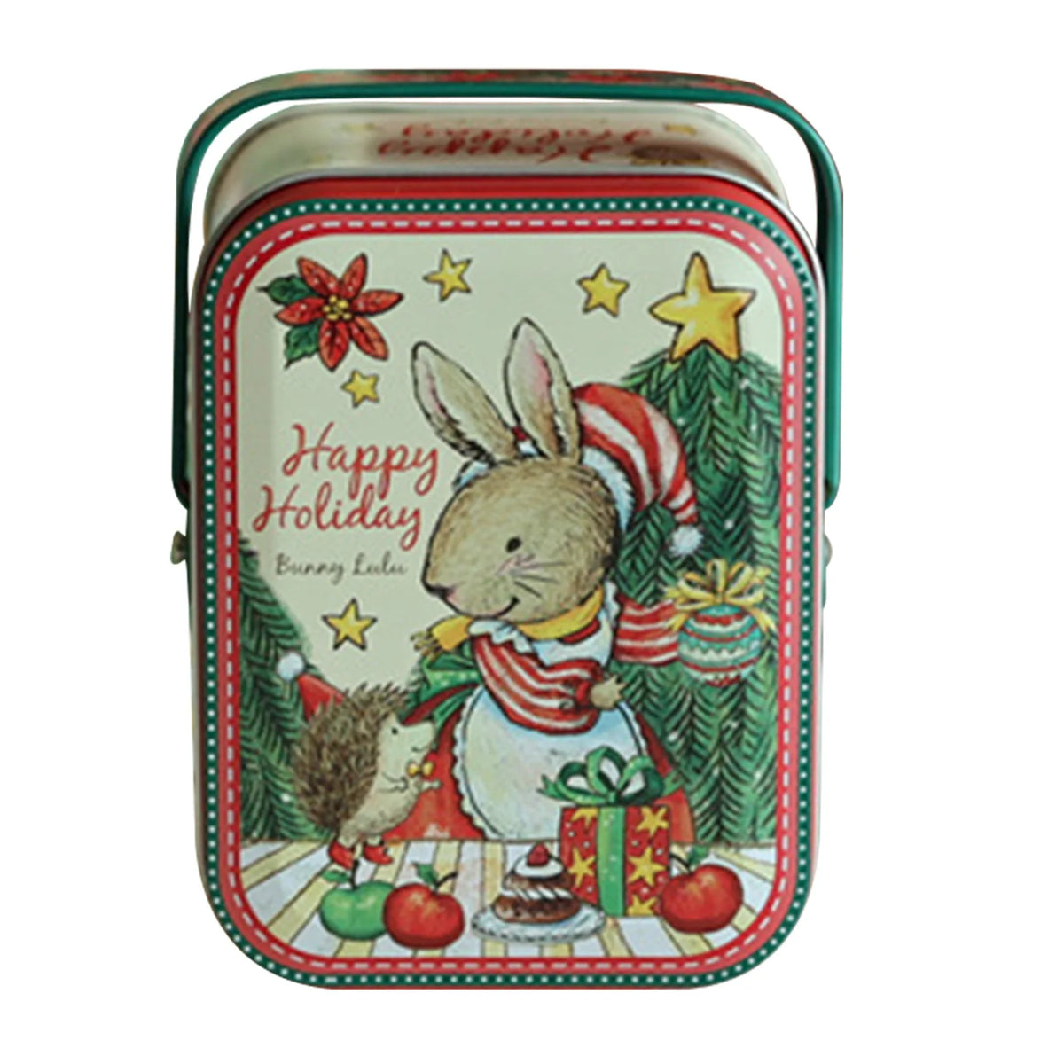 A decorative tinplate candy box featuring a rabbit and holiday decorations on a festive background.