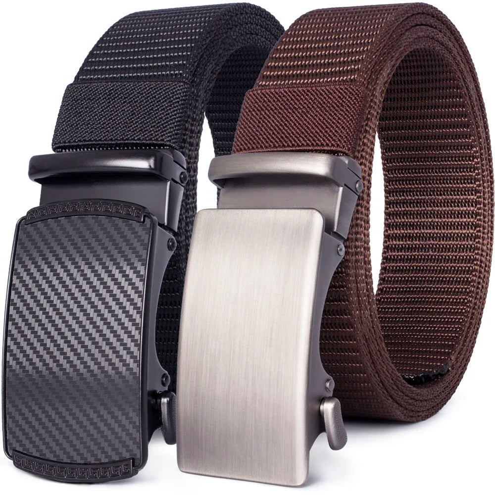 A close-up of a black tactical canvas utility belt with a silver buckle and brown leather strap.