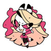 A cartoon character with pink hair and white face wearing a pink suit and black pants.