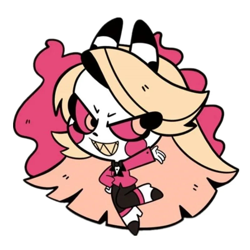 A cartoon character with pink hair and white face wearing a pink suit and black pants.