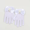 White bridal mesh finger gloves with white bows and pearl accents
