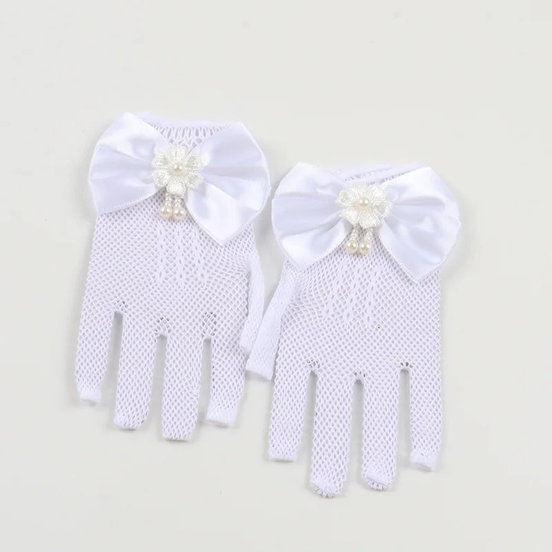 White bridal mesh finger gloves with white bows and pearl accents