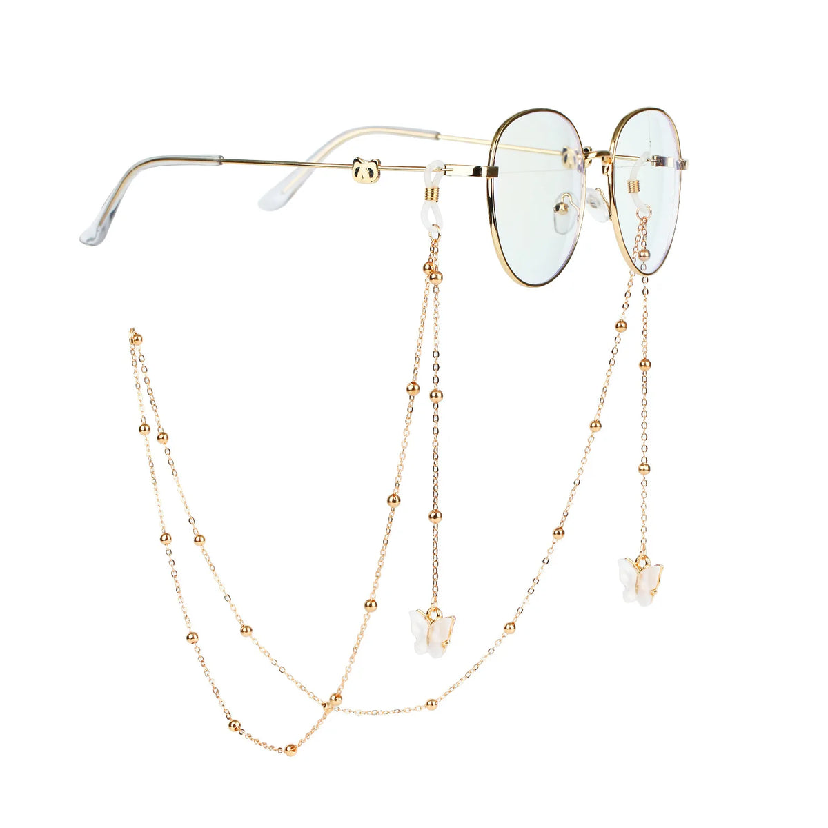 Gold-toned butterfly pendant glasses chain necklace with round clear lenses and thin metal frame