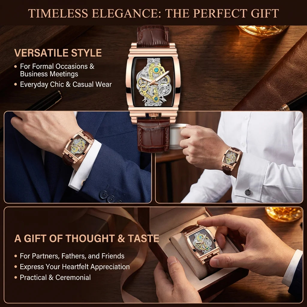 Primer plano de un elegante reloj de pulsera mecánico tono oro rosado sobre una superficie de madera oscura.