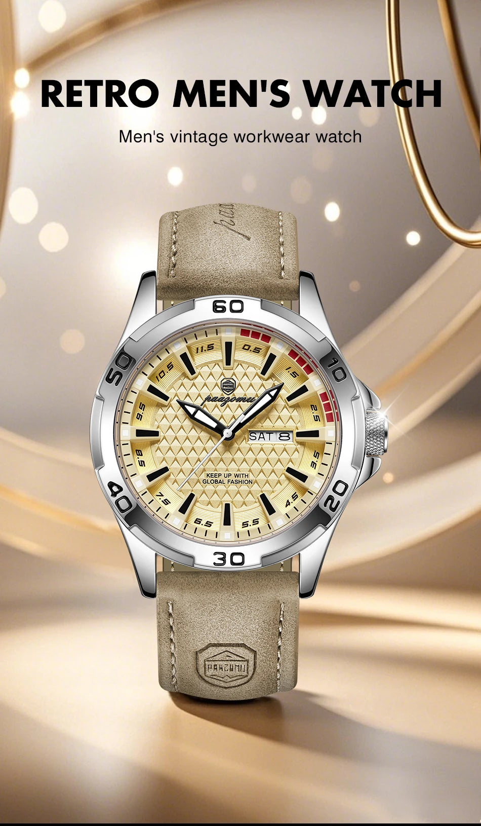 A close-up shot of a silver and beige retro men's watch with a light brown leather strap on a neutral background.