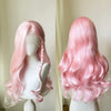 A pink long straight glueless synthetic wig displayed on a mannequin.