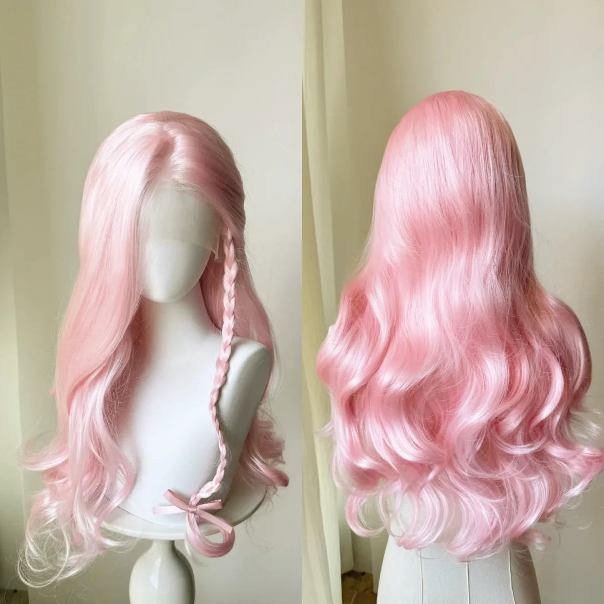 A pink long straight glueless synthetic wig displayed on a mannequin.