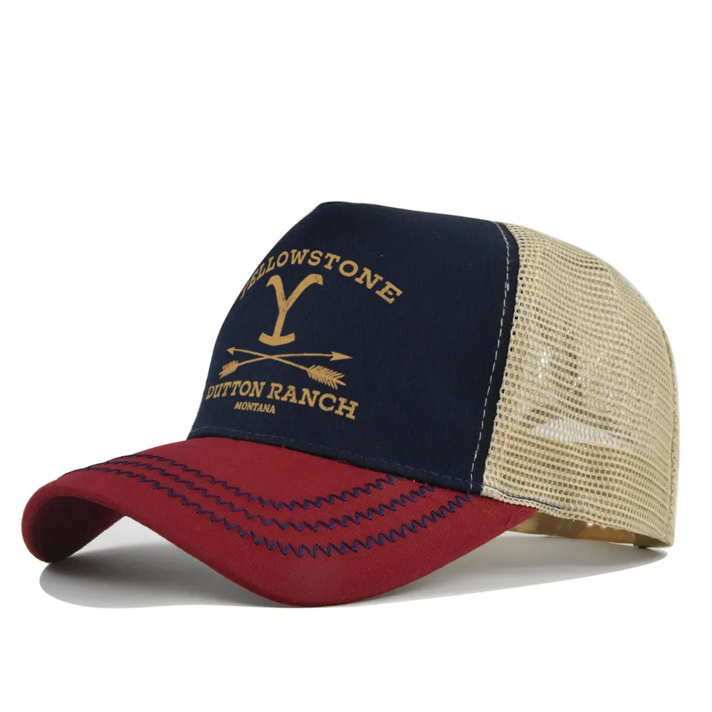 Navy and tan adjustable baseball cap with yellow stitching and embroidered text on the front