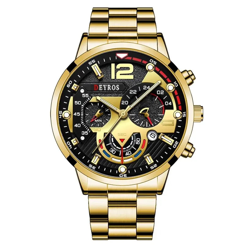 A gold-toned men's stainless steel quartz watch with a black dial and chronograph features a prominent twelve o'clock marker.