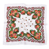 White square scarf with a detailed floral print featuring red, orange, and green flowers and pink lace trim.