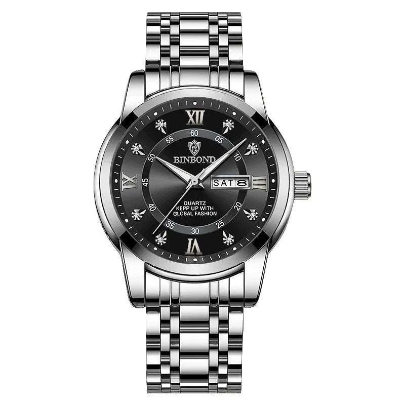 A silver-toned quartz men's watch with a black dial, Roman numerals, and a metal bracelet.