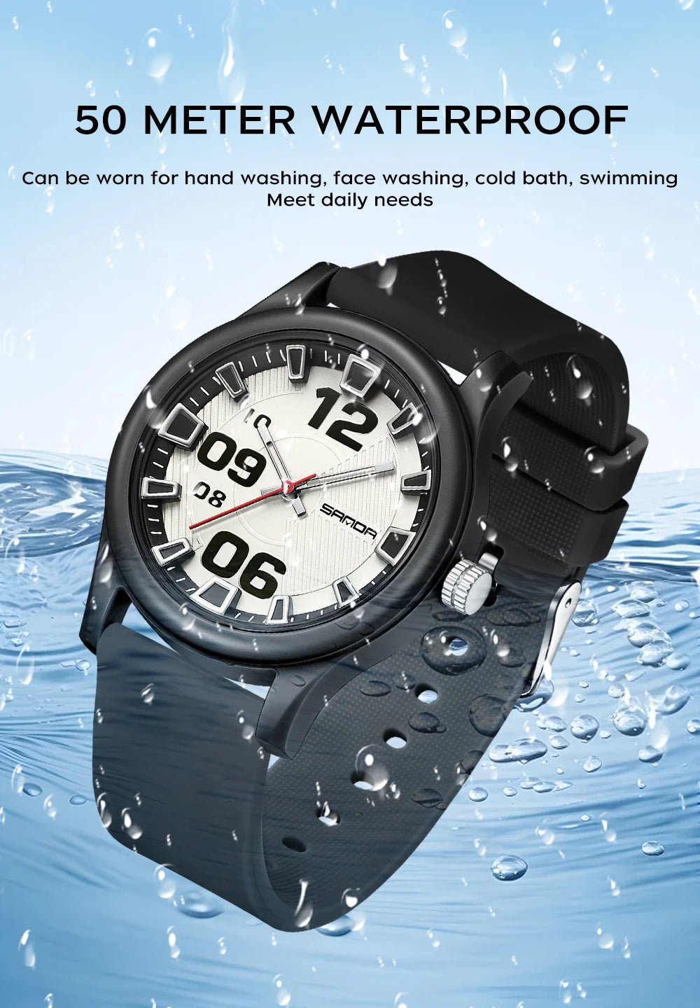 A black watch with a silver dial and silicone strap is shown being splashed by water.