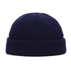 A dark navy blue knitted beanie cap shown from the front.