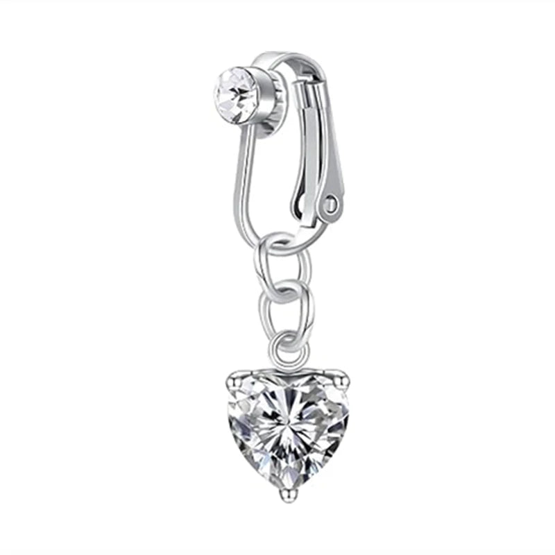 Silver fashion belly button ring with a clear diamond-cut pendant.