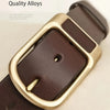 A close-up of a brown leather belt buckle and strap with a gold-toned finish.