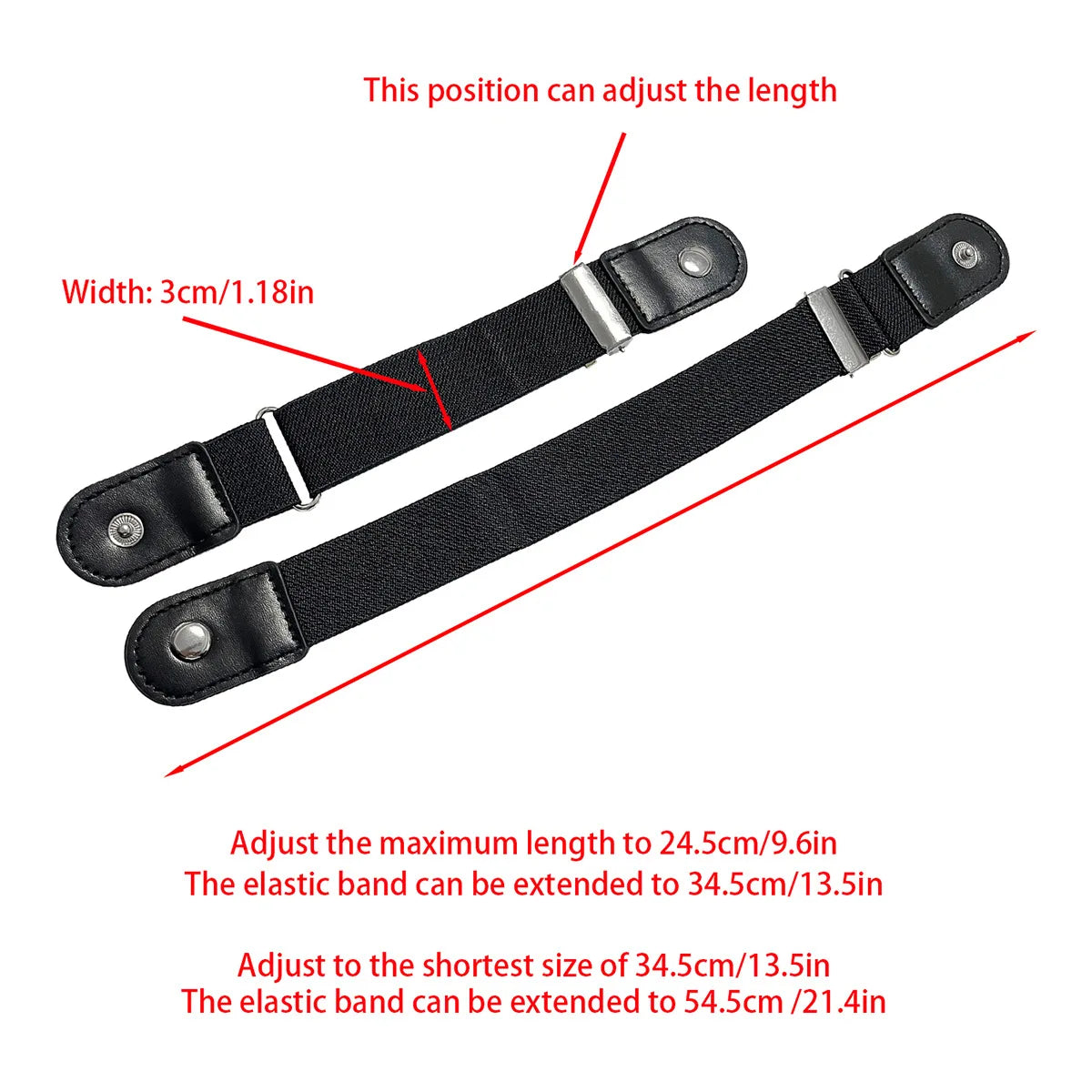 Black elastic casual belts showing adjustable length and width with buckles
