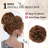 A woman's hair is styled in a messy bun using a hair piece, demonstrating how to install it in one minute.