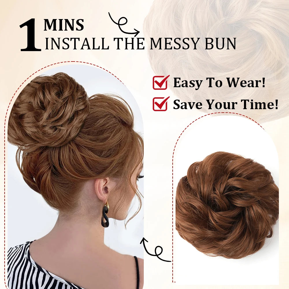 A woman's hair is styled in a messy bun using a hair piece, demonstrating how to install it in one minute.