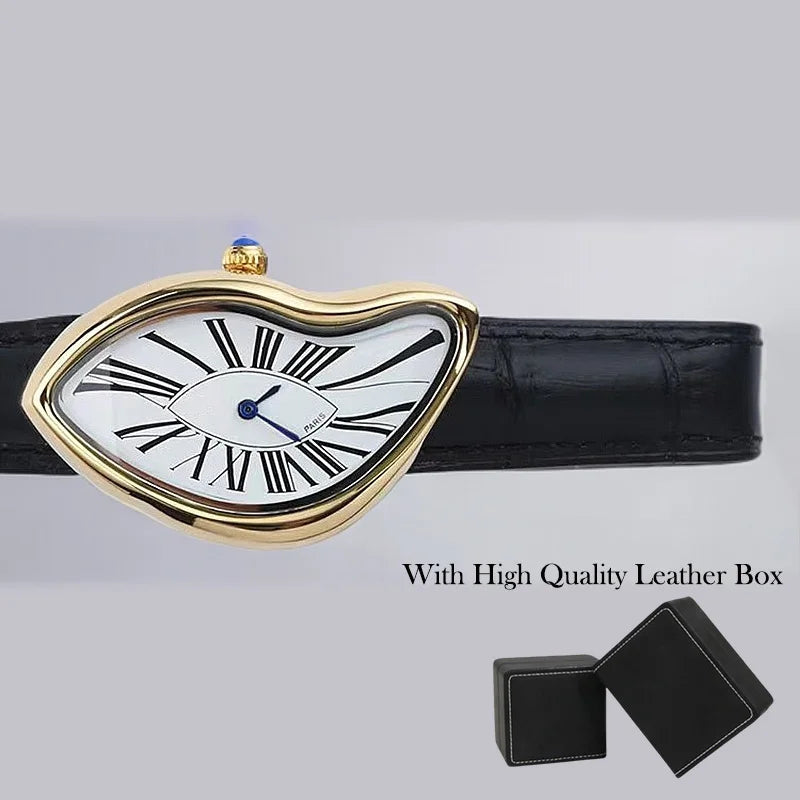 A gold-toned fashion quartz wristwatch with a heart-shaped dial and Roman numerals on a black leather strap, shown with its b