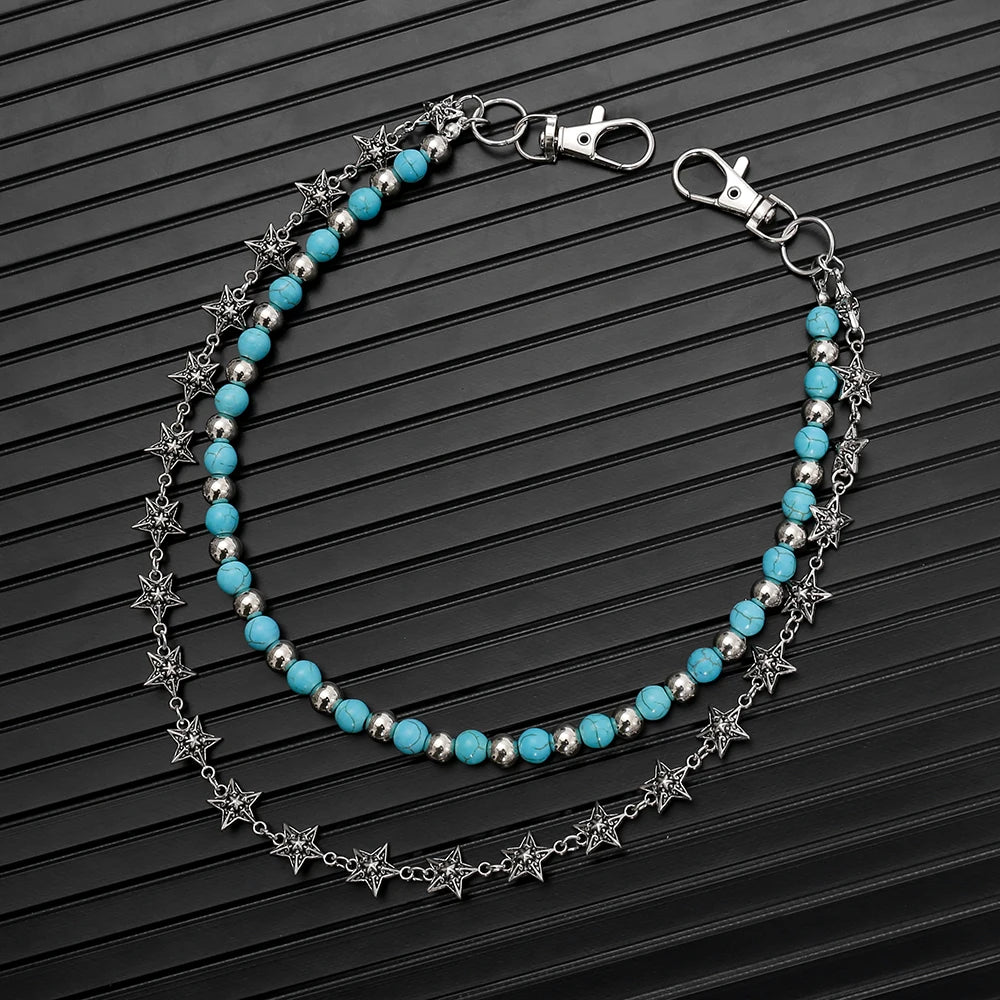 Silver and blue bead double-layer waist chain accessory displayed on a dark background.