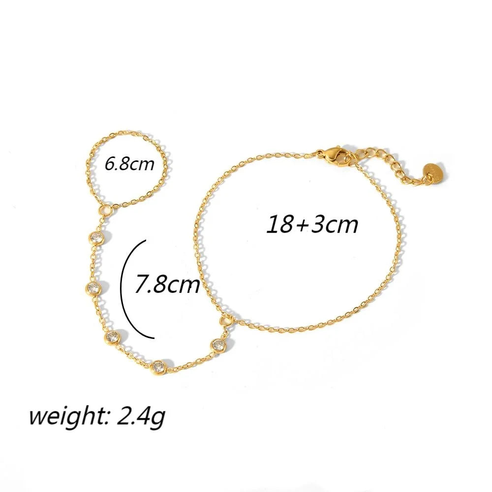 Gold plated stainless steel zircon ring bracelet with adjustable chain and pearl accents