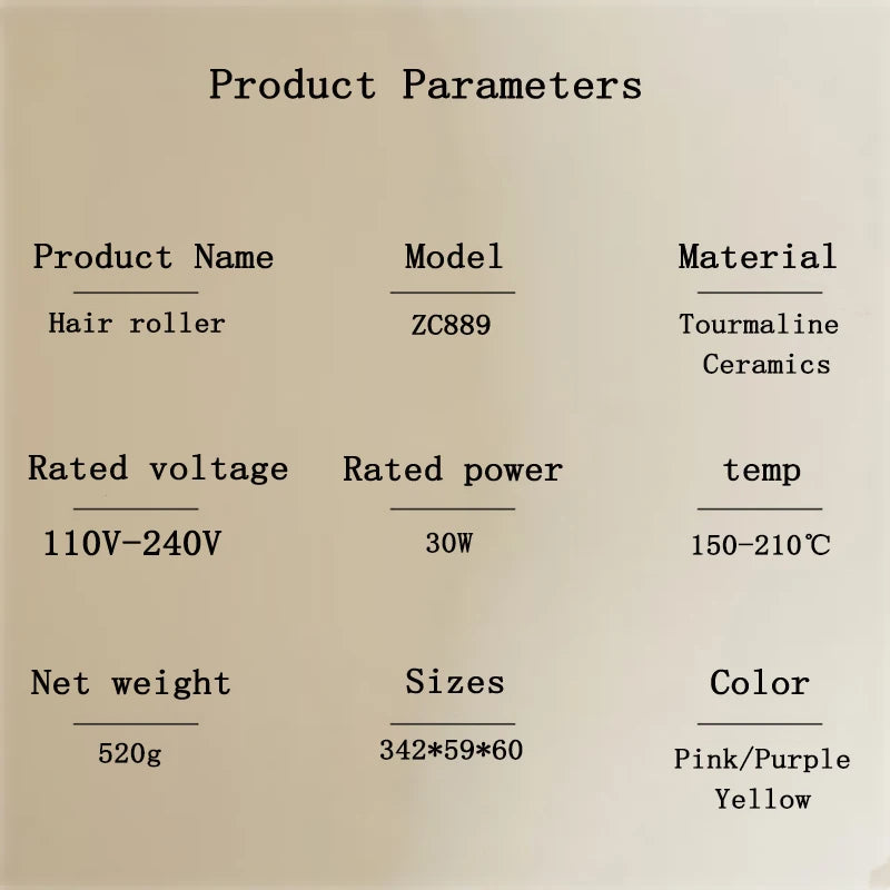Product parameters list showing details for a hair roller including model, voltage, power, weight, sizes, and color.
