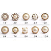 Ten button brooch pins featuring various sizes and styles of pearl-encrusted buttons.