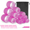 A set of pink heatless hair curlers and a black storage bag are displayed.